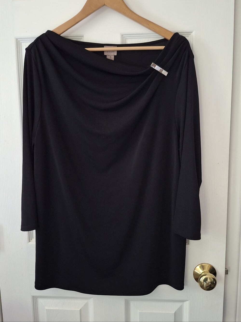 Chico's Easywear Size 3 Black Cowl Neck Top Silver Hardware Accent  3/4 Sleeve